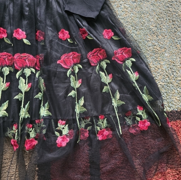 Roiii Off Shoulder Sheer Dress Womens Black & Roses 1950s Whimsgoth New - Picture 13 of 16